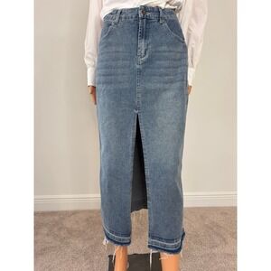 HappilyGrey High RiseDenim Maxi Skirt Medium Wash Front Slit Frayed HemSize 1/24